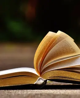 An open book on outdoor ground with pages fanned upward in a curve, against a soft blurred green background
