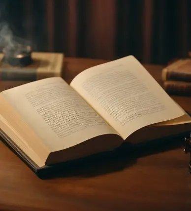 An open old book on a polished wooden table in warm lamplight, with vintage books and a wisp of smoke in the background
