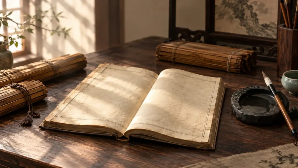Ancient Chinese book, bamboo slips and inkstone on a traditional scholar’s desk.