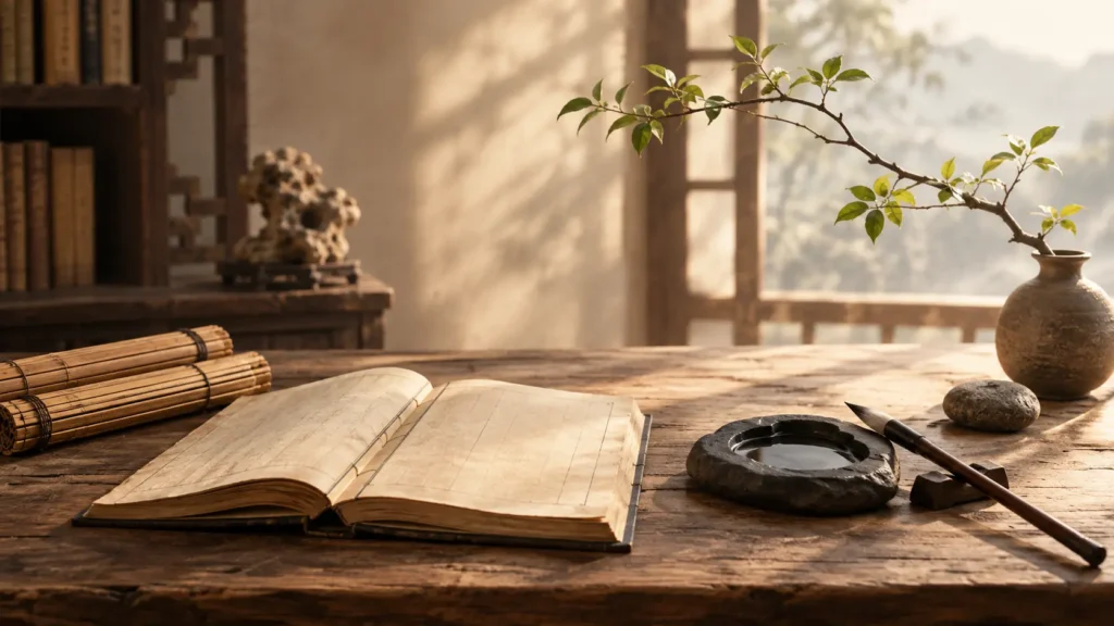 Confucius quotes on life represented by an ancient Chinese book, bamboo slips and a scholar's desk
