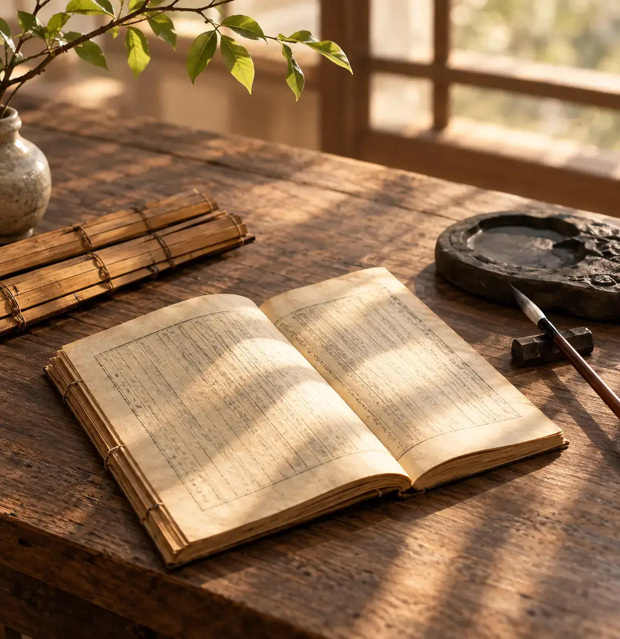 Open ancient Chinese book and bamboo slips representing daily wisdom and reflection