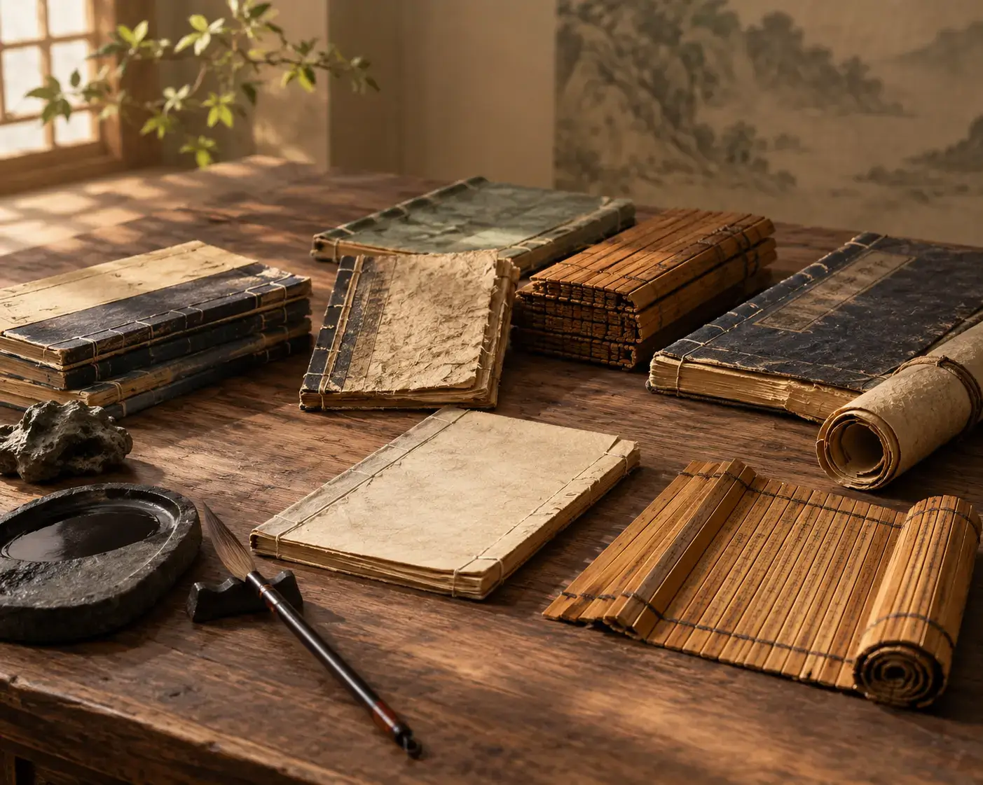Ancient Chinese books and bamboo manuscripts representing Chinese philosophers and sages
