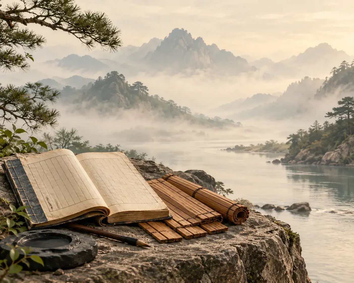 Ancient Chinese book and bamboo manuscripts beside misty mountains representing Chinese philosophy