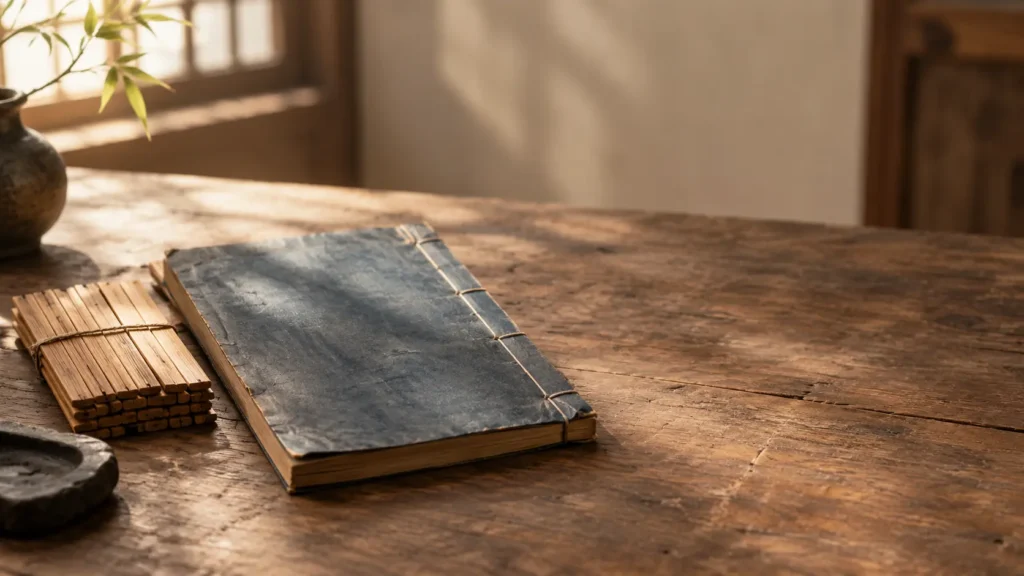 Fake Confucius quotes checked against a source book — closed antique Chinese volume and bamboo slips