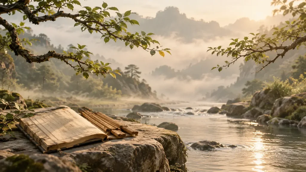 Ancient Chinese book beside a peaceful stream representing Lao Tzu quotes about love and harmony