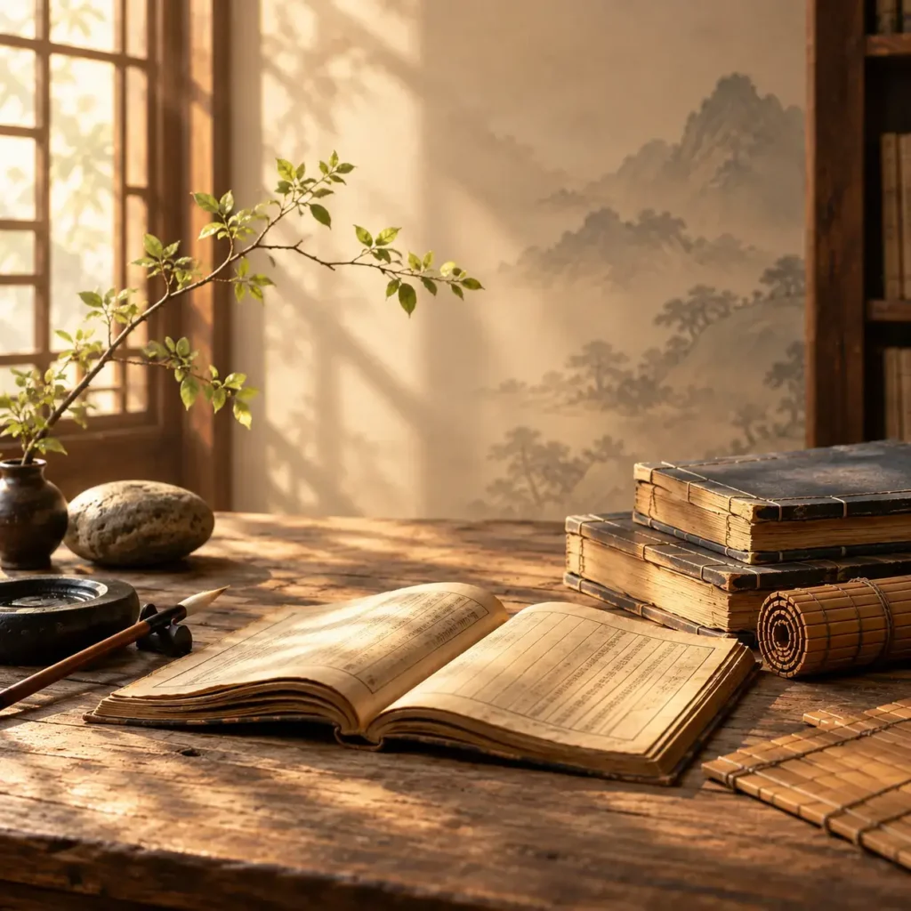 Ancient Chinese books and bamboo manuscripts representing the preservation of timeless wisdom