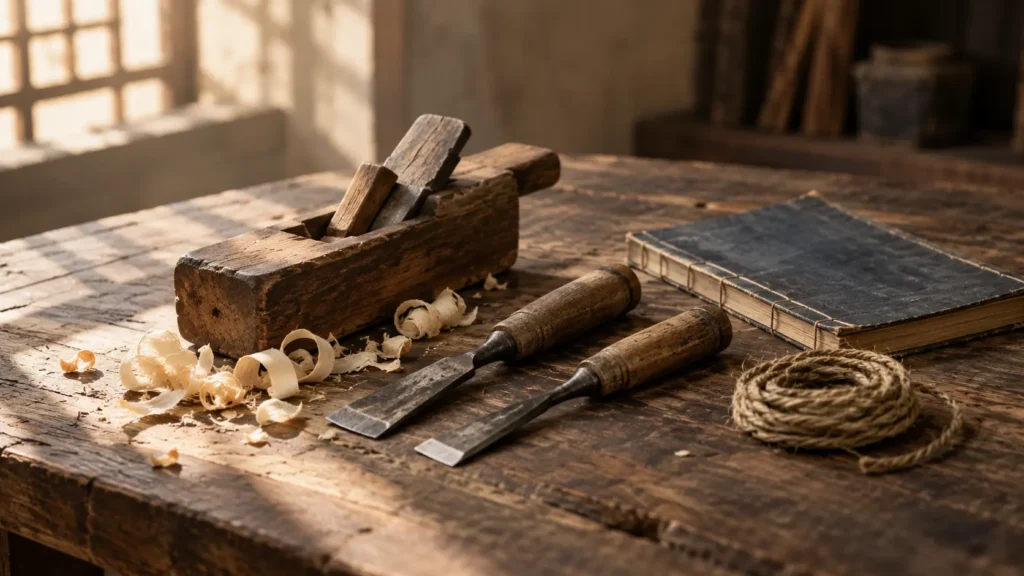 Confucius quotes about work: antique woodworking tools and a thread-bound book on a workbench