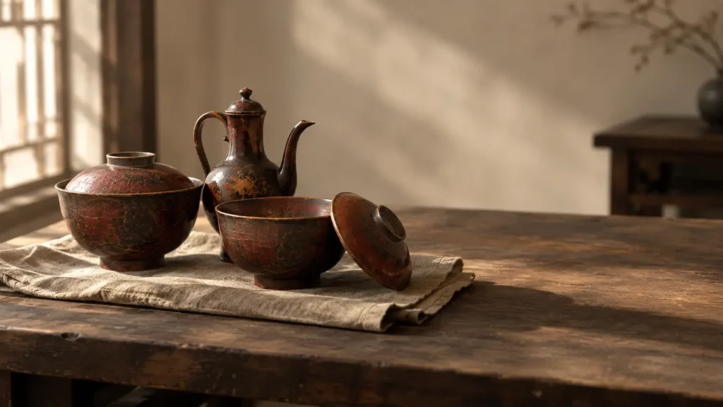 Lacquered food vessels on a low wooden table, standing for Analects 2.8, serving elders first — Confucius quotes about family