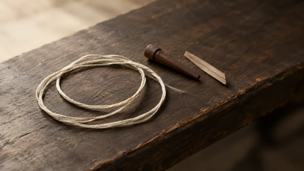 Confucius quotes about love, illustrated by a single silk string for a seven-stringed instrument resting on aged wood