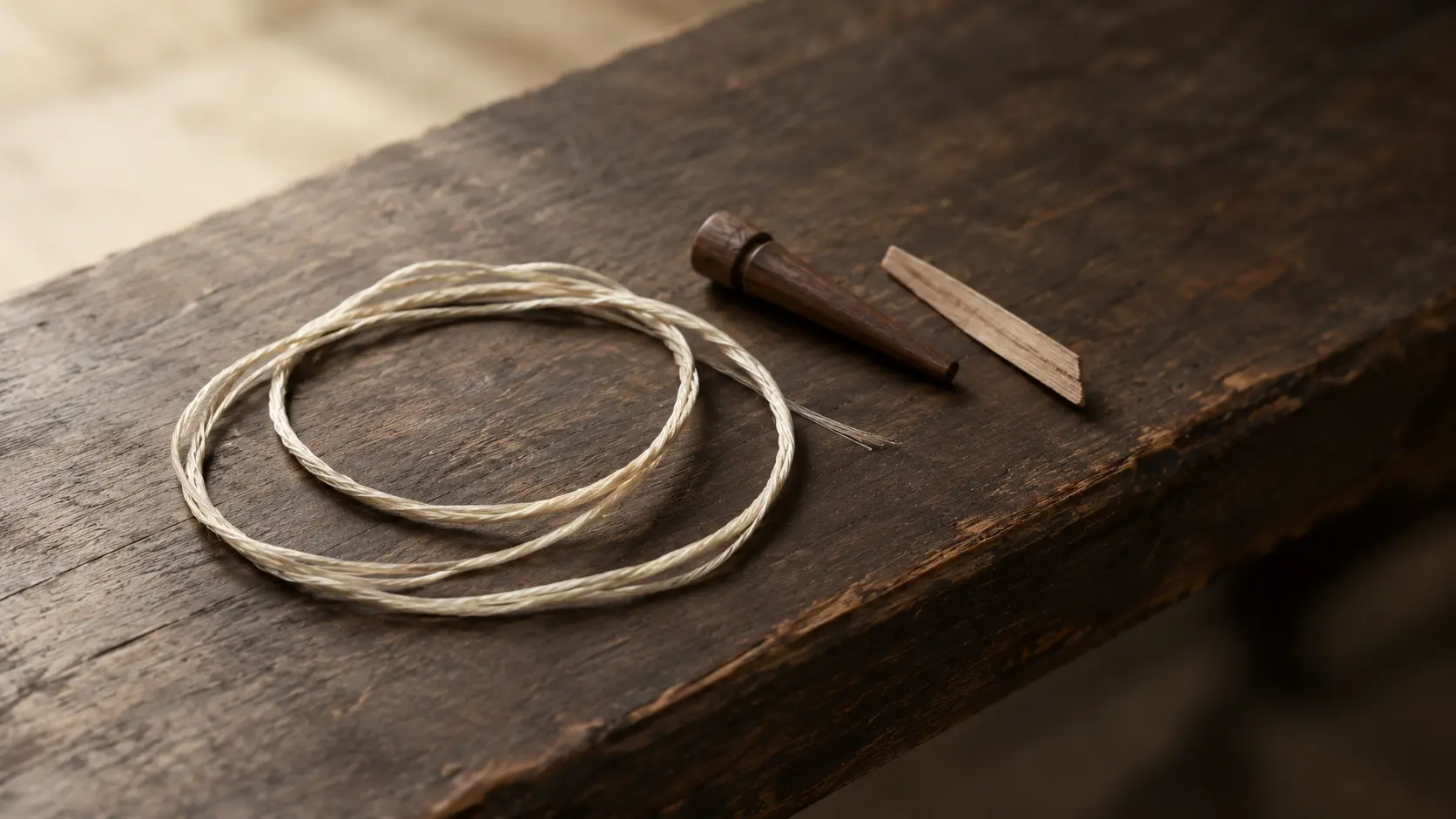 Confucius quotes about love, illustrated by a single silk string for a seven-stringed instrument resting on aged wood