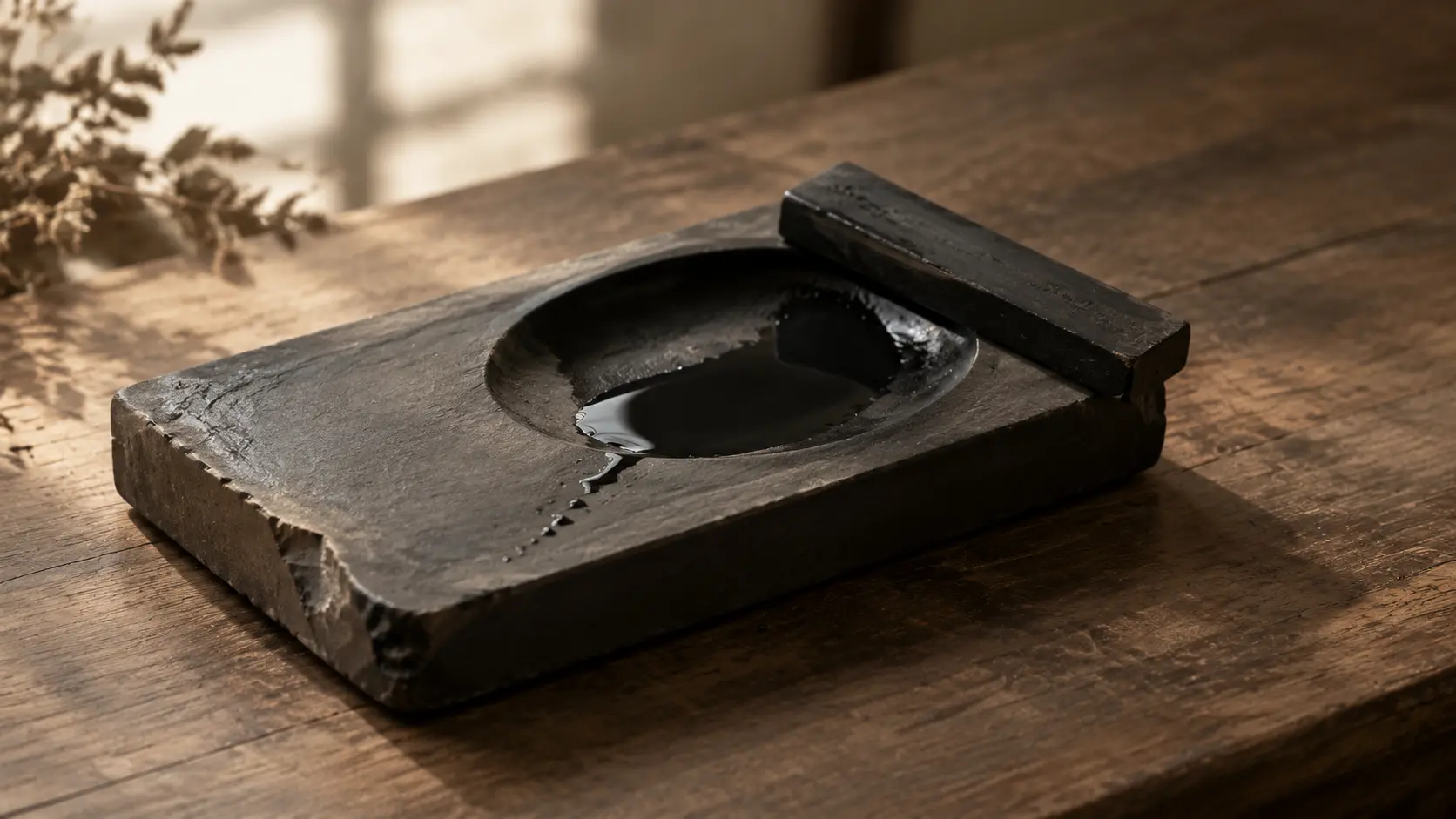 A worn rectangular inkstone with a stick of ink resting on its lip, a shallow pool of wet ink left from a single grinding