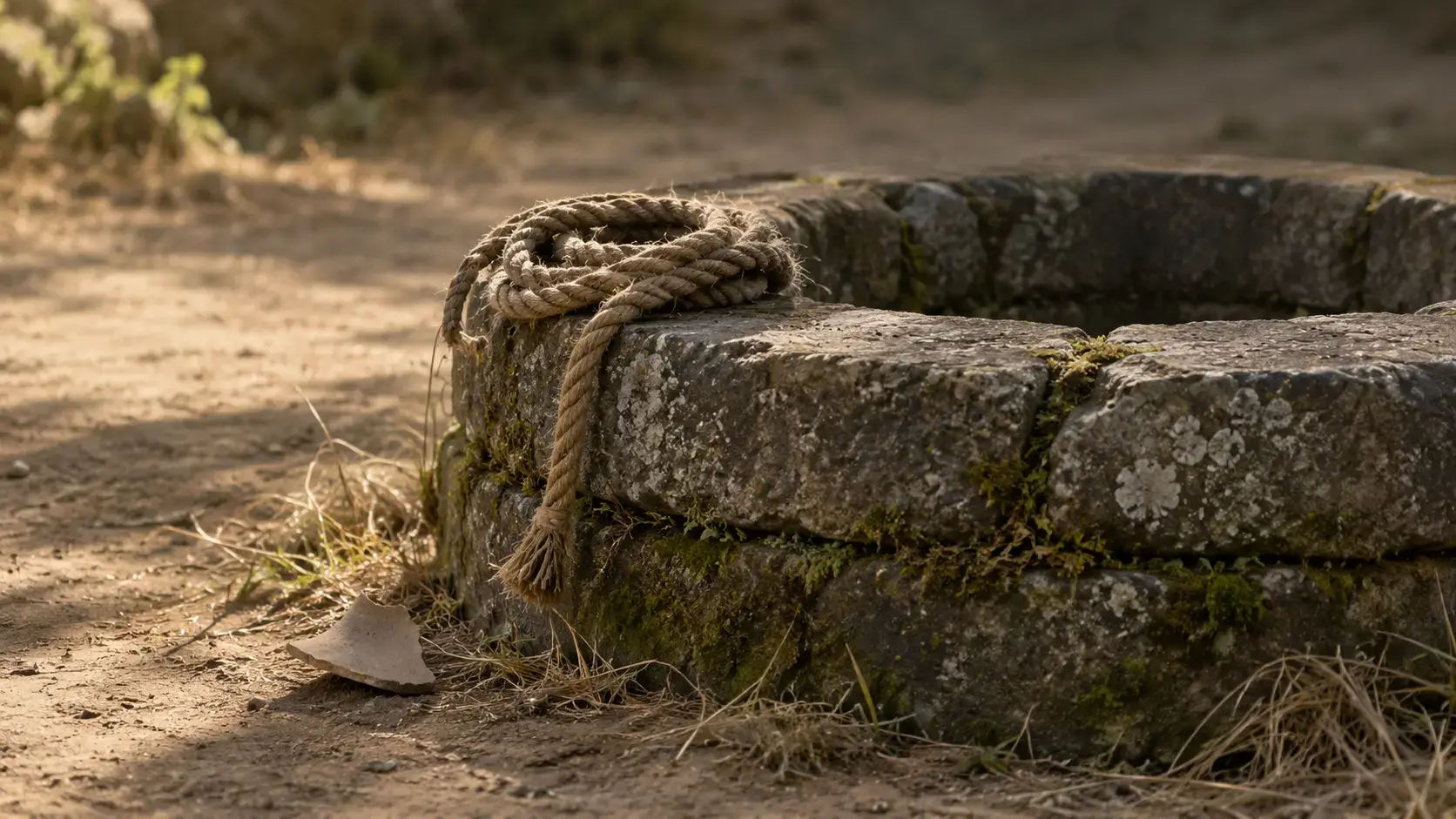 A worn stone well-head with a coiled hemp rope and moss at the rim, standing for the 井 of Mencius 2A.6 and the well-field allotment of 3A.3