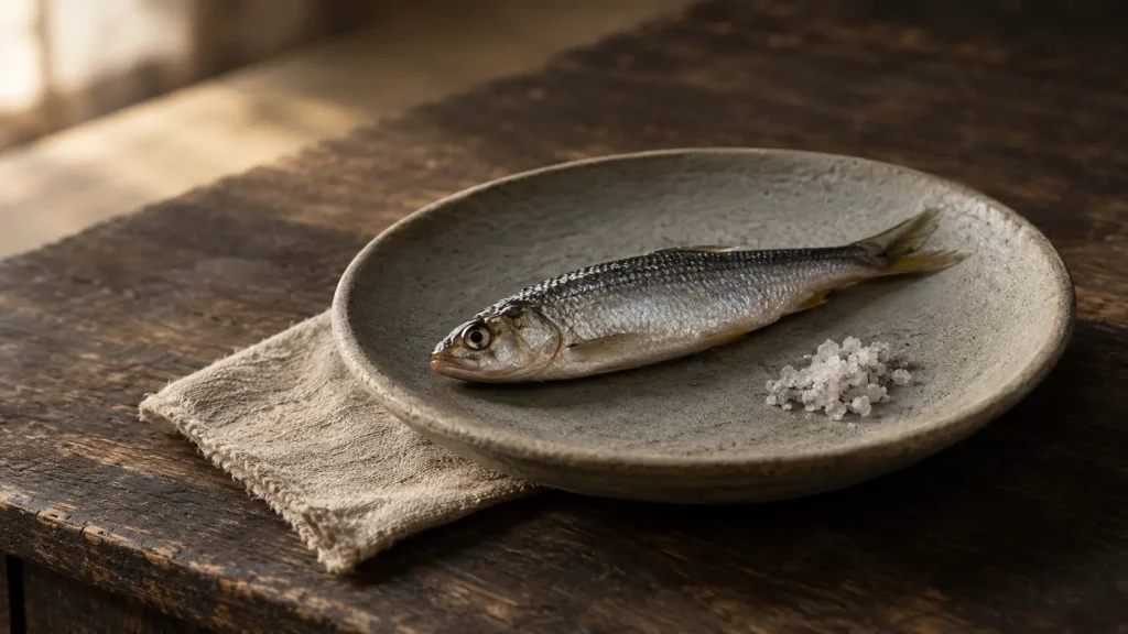 A single small raw fish on an unglazed grey pottery dish with a pinch of coarse salt, standing for Daodejing chapter 60 on governing a great state