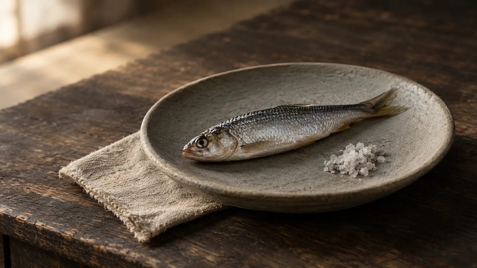A single small raw fish on an unglazed grey pottery dish with a pinch of coarse salt, standing for Daodejing chapter 60 on governing a great state