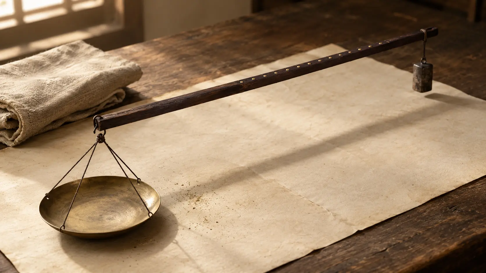 A traditional wooden steelyard resting on aged paper, its brass pan empty and a length of undyed cloth lying unweighed beside it — Tao Te Ching 44, 名與身孰親