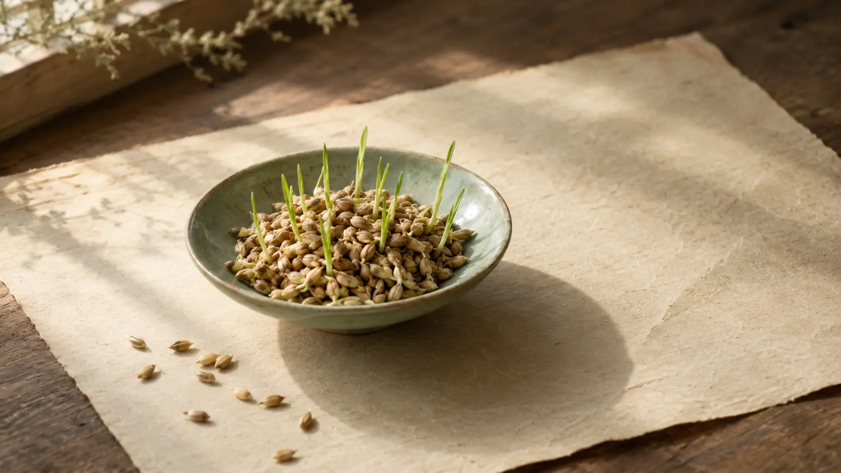 Barley shoots and grain on aged paper, illustrating Mencius quotes on human nature from the Mengzi