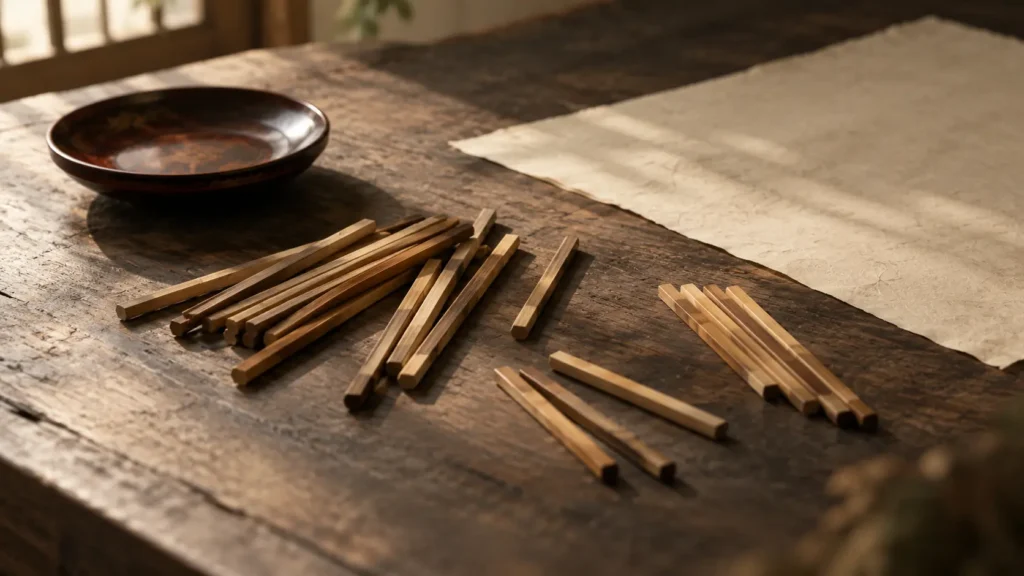 Antique Chinese counting rods laid out in small groups on a dark wood table beside a blank sheet — The Art of War I.1, 校之以計, where victory is tallied before the fighting