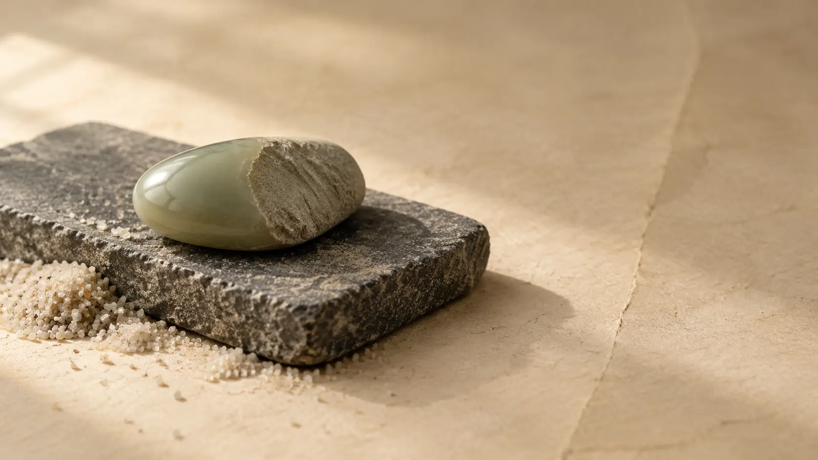A half-polished piece of nephrite resting on a worn whetstone with quartz sand beside it — Book of Songs, 淇奥, 有匪君子,如切如磋,如琢如磨