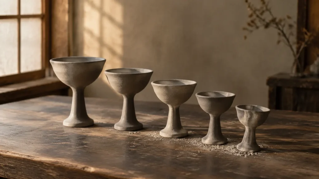 Unglazed grey pottery ritual vessels of different sizes on a worn wooden table, standing for the Analects passage that compares employing people to assisting at a great sacrifice