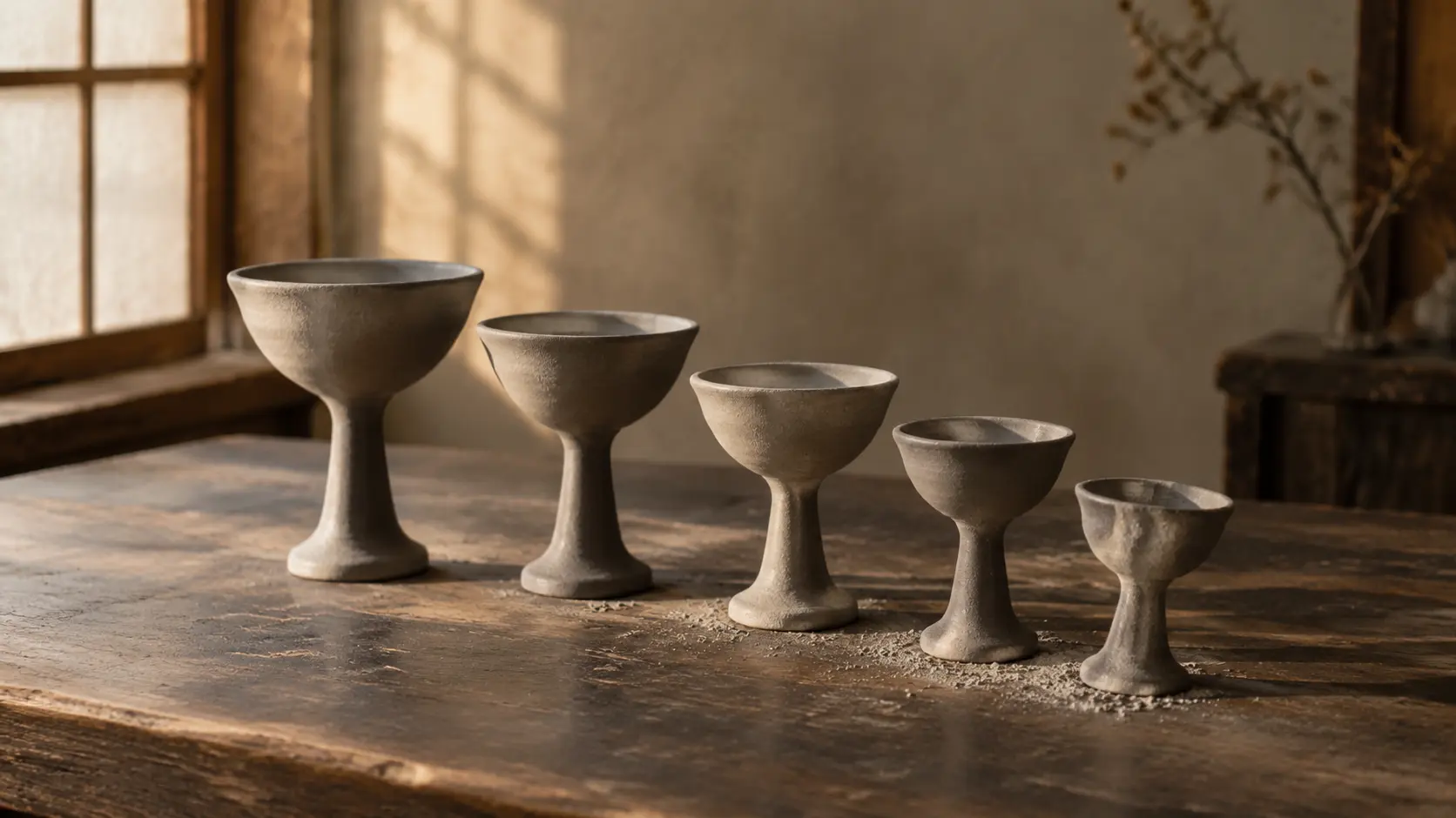 Unglazed grey pottery ritual vessels of different sizes on a worn wooden table, standing for the Analects passage that compares employing people to assisting at a great sacrifice