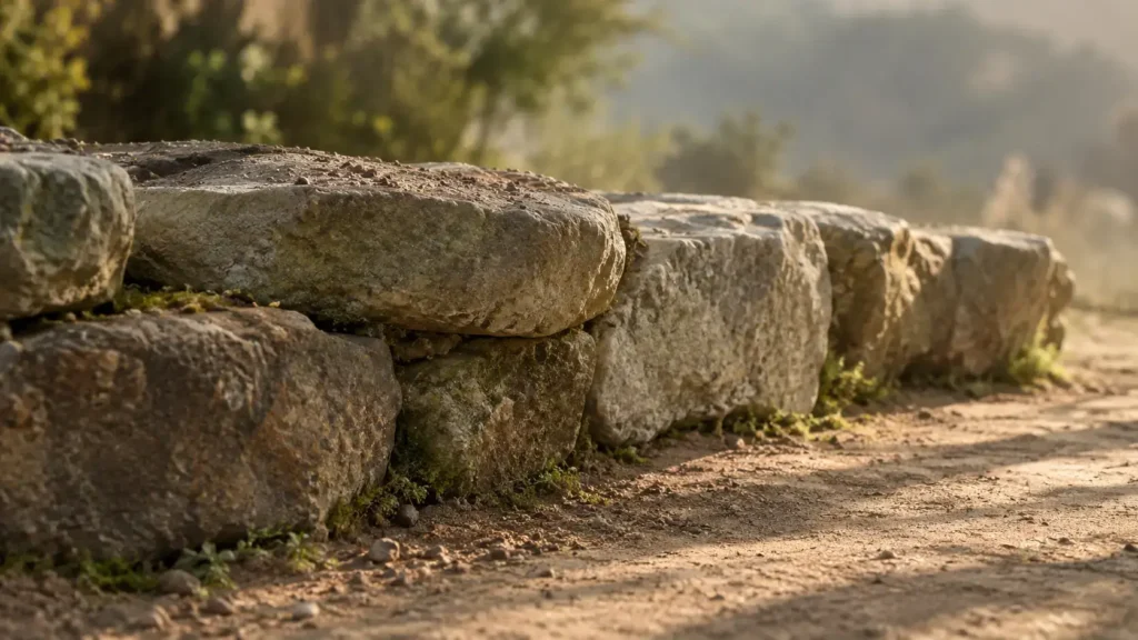 Five uncut stones laid dry on a bed of packed earth, the first course of a low wall — Tao Te Ching 64, 九層之臺，起于累土