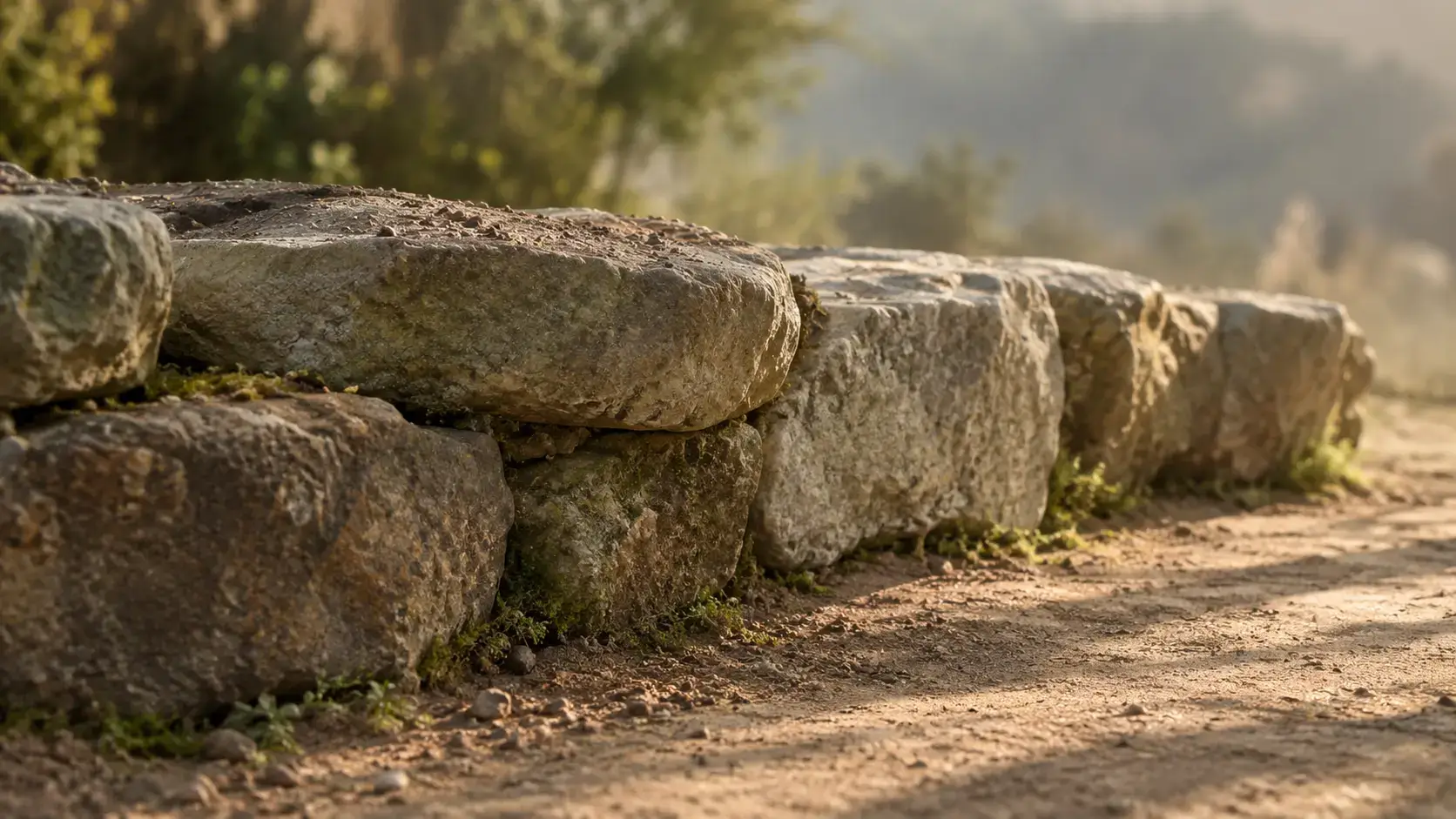 Five uncut stones laid dry on a bed of packed earth, the first course of a low wall — Tao Te Ching 64, 九層之臺,起于累土